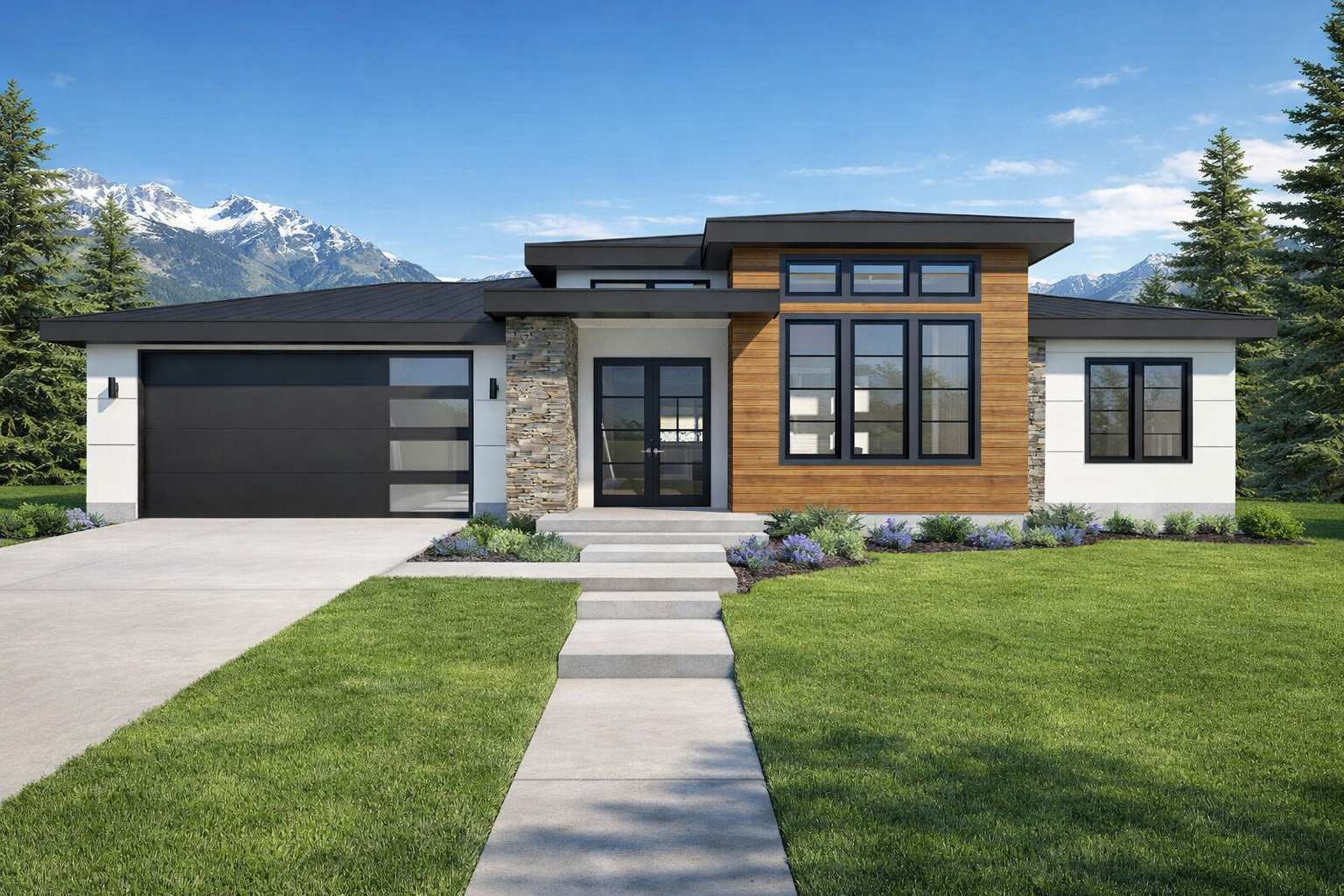 Featured OchoWorks Designs mountain modern home plan rendering